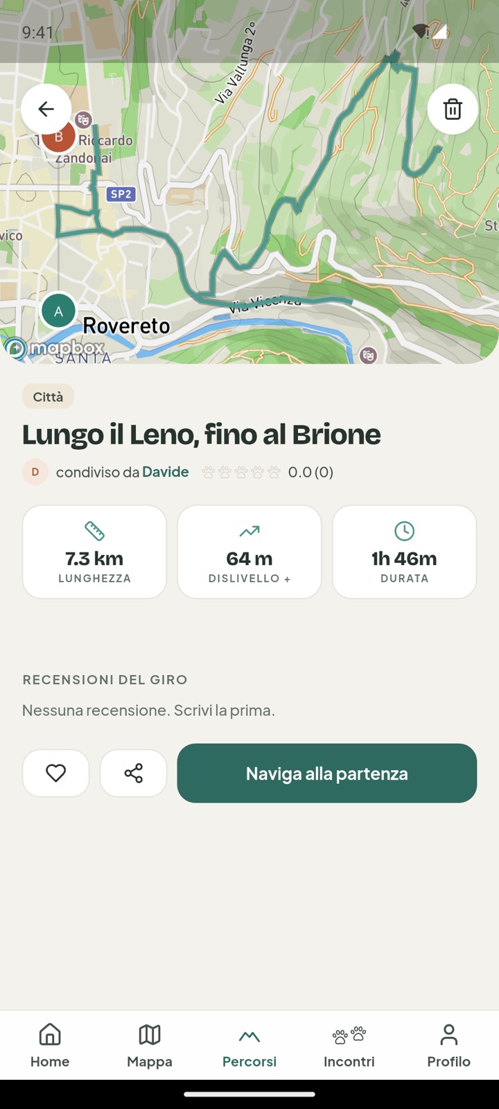 Un giro di 7,3 chilometri lungo il Leno a Rovereto, con il tracciato sulla mappa