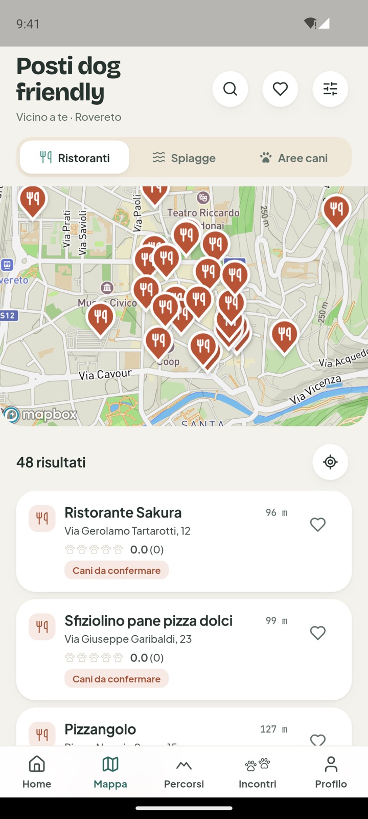 La mappa dei ristoranti di Rovereto in Woofy, con l'elenco dei più vicini